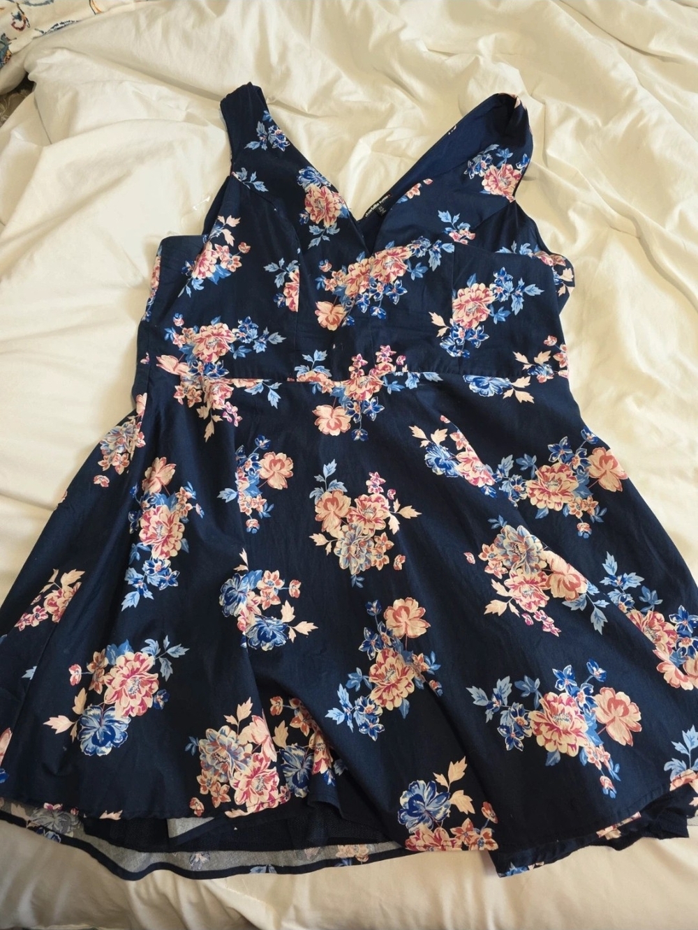 Charlotte Russe Navy Floral V-Neck Skater Dress with Pink & Blue Flowers